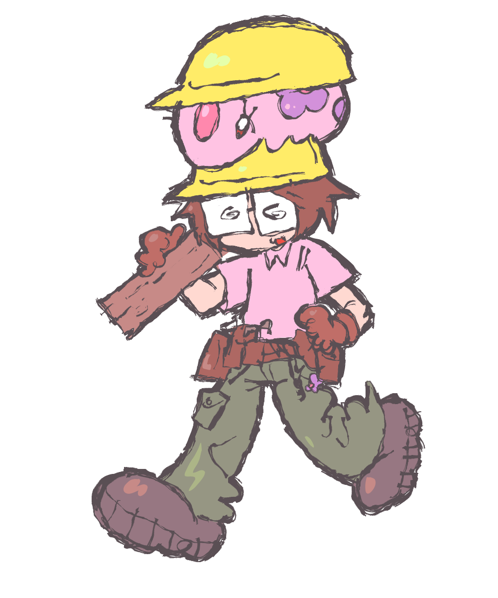 A drawing of Fio, the webmaster, wearing a yellow construction hat. On top of the hat is the Pokemon Munna, who is also wearing a matching one.